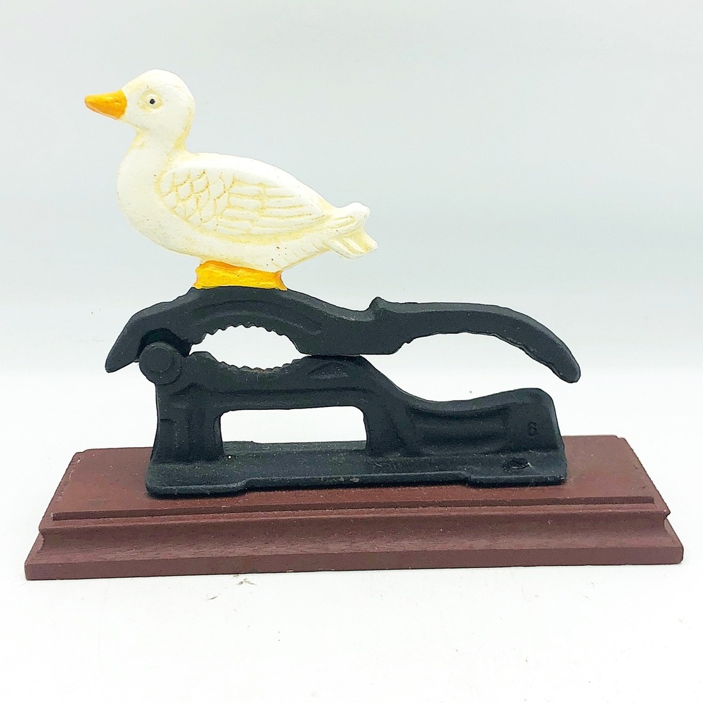 Cast Iron White Duck Nutcracker On Wooden Base
